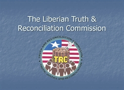 [ai] Title card for the Liberian Truth & Reconciliation Commission, featuring a logo with the acronym 'TRC' above a depiction of people and a stylized flag in the background.